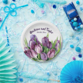 紫色のチューリップの花の水彩画の結婚式かシャワー ペーパープレート (パーティー)