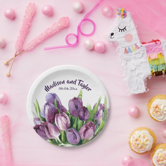 紫色のチューリップの花の水彩画の結婚式かシャワー ペーパープレート (パーティー)