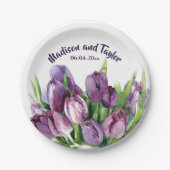 紫色のチューリップの花の水彩画の結婚式かシャワー ペーパープレート (正面)