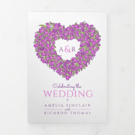 紫色のチューリップハートアートモノグラム結婚ズ 三つ折り招待状