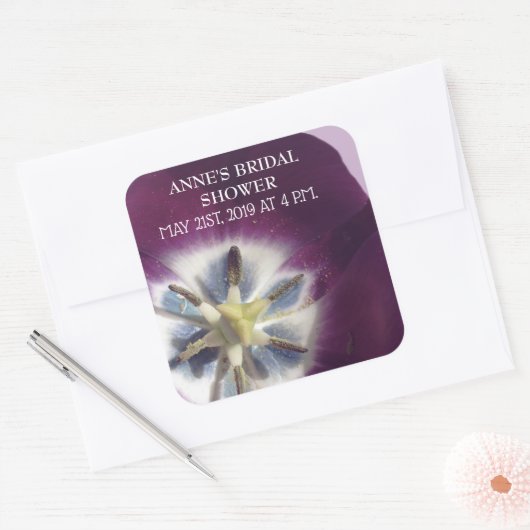 紫色のチューリップフォトシールブライダルシャワー スクエアシール (封筒)