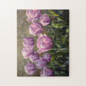紫色のチューリップ緑豊かな花油絵 ジグソーパズル (縦)