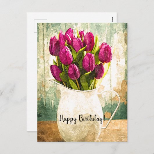 紫色のチューリップ、春の花束の誕生日の芸術 シーズンポストカード (正面/裏面)