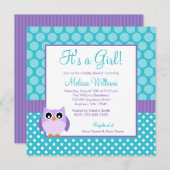 紫色のティール（緑がかった色）のフクロウの水玉模様の女の子のベビーシャワー 招待状 (正面/裏面)