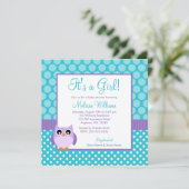紫色のティール（緑がかった色）のフクロウの水玉模様の女の子のベビーシャワー 招待状 (スタンド正面)