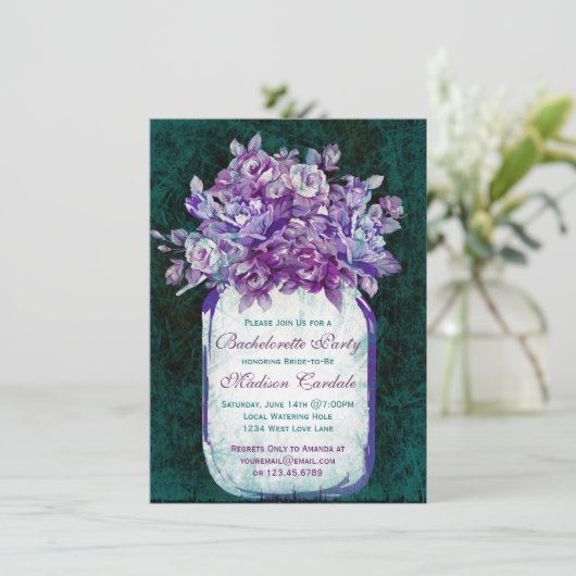 紫色のティール（緑がかった色）のメーソンジャーのバチェロレッテの招待 招待状 (スタンド正面)