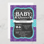 紫色のティール（緑がかった色）の黒板の花のベビーシャワーの招待 招待状 (正面/裏面)
