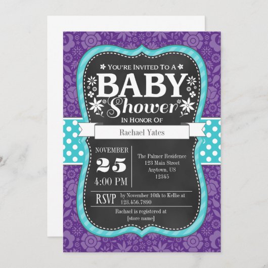 紫色のティール(緑がかった色)の黒板の花のベビーシャワーの招待 招待状 (正面/裏面)