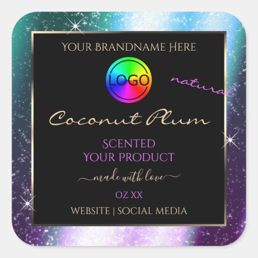 紫色のティール(緑がかった色)グリッターフレーム製品ラベルとロゴ スクエアシール (正面)