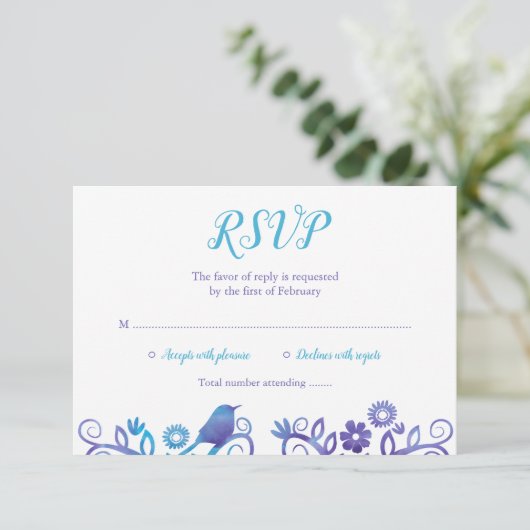 紫色のティール(緑がかった色)水の色のツリーの生活RSVP 出欠カード (スタンド正面)