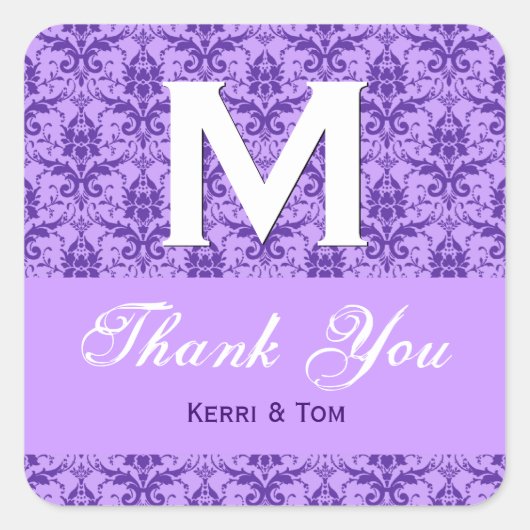 紫色のテクスチャルダマスクありがとう結婚R315 スクエアシール (正面)