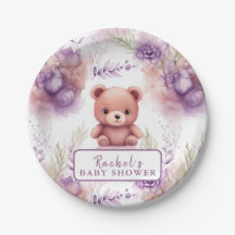 紫色のテディベアと花 – ベビーシャワー