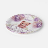 紫色のテディベアと花 – ベビーシャワー ペーパープレート (アングル)