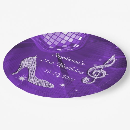 紫色のディスコの球およびかかとの第21誕生日 ペーパープレート (アングル)