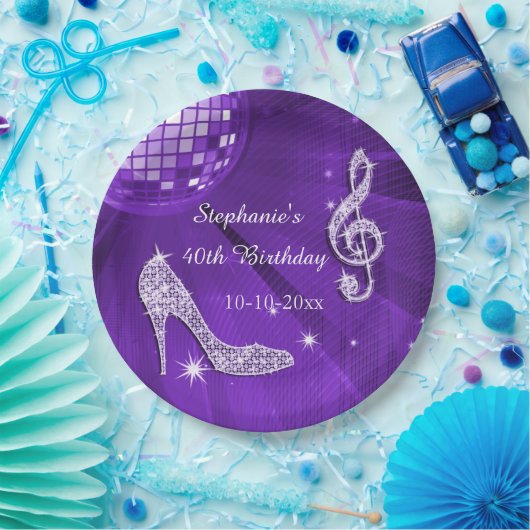紫色のディスコの球およびかかとの第40誕生日 ペーパープレート (パーティー)