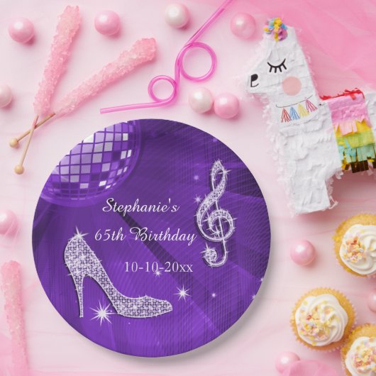 紫色のディスコの球およびかかとの第65誕生日 ペーパープレート (パーティー)
