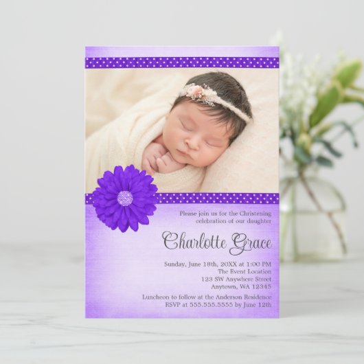 紫色のデイジーの輝きの写真の洗礼の《キリスト教》洗礼式や命名式 招待状 (スタンド正面)