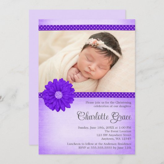 紫色のデイジーの輝きの写真の洗礼の《キリスト教》洗礼式や命名式 招待状 (正面/裏面)