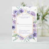 紫色のデイジー、アネモネ、バラの幾何学フレーム 出欠カード (スタンド正面)