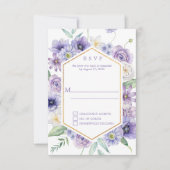 紫色のデイジー、アネモネ、ローズの幾何学フレーム 出欠カード (正面)