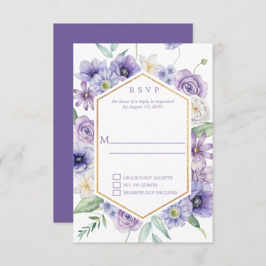 紫色のデイジー、アネモネ、ローズの幾何学フレーム 出欠カード (正面/裏面)