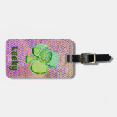 紫色のデニムのラッキーグリーンキャンバスクローバー ラゲッジタグ (正面横)