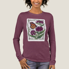 紫色のトウワタの花にとまるオオカナダモナカ トライブレンドTシャツ