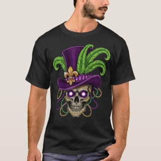 紫色のトップハットをかぶったマルディグラのドクロ Tシャツ