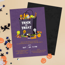 紫色のトリックまたはトリートキッズコスチュームパーティー招待状 招待状