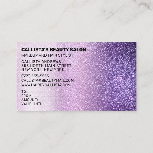 紫色のトリプルグリッターギフト証明書 名刺 (裏面)