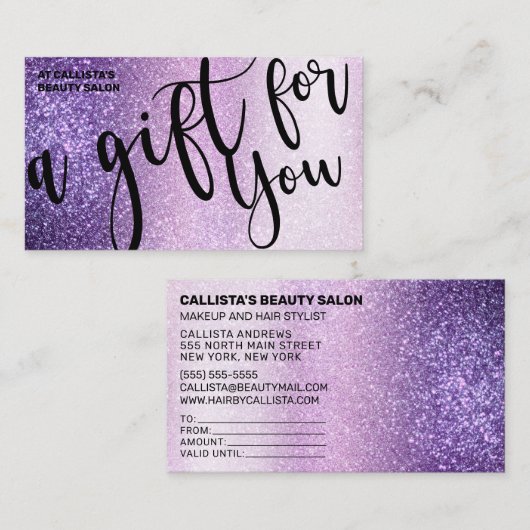 紫色のトリプルグリッターギフト証明書 名刺 (正面/裏面)