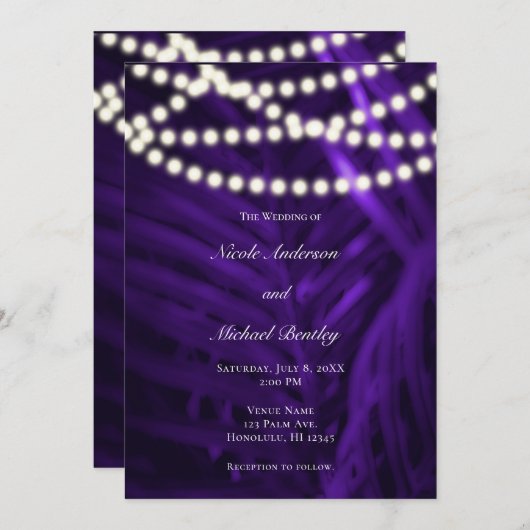 紫色のトロピカルパ葉ーム&ラ結婚イツ 招待状 (正面/裏面)