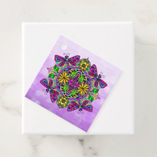 紫色のトンボと花曼荼羅手描き フェイバータグ (インサイチュ)