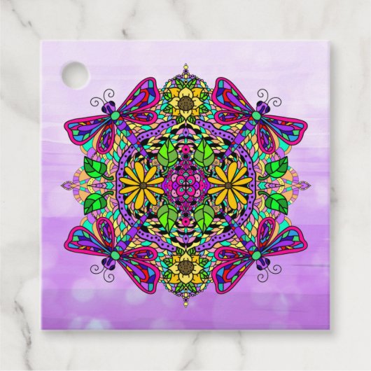 紫色のトンボと花曼荼羅手描き フェイバータグ (正面)
