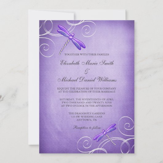 紫色のトンボは結婚式招待状渦巻きます 招待状 (正面)
