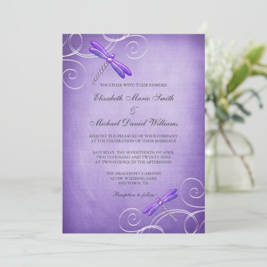 紫色のトンボは結婚式招待状渦巻きます 招待状 (スタンド正面)