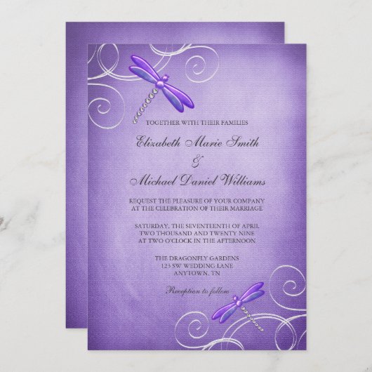 紫色のトンボは結婚式招待状渦巻きます 招待状 (正面/裏面)