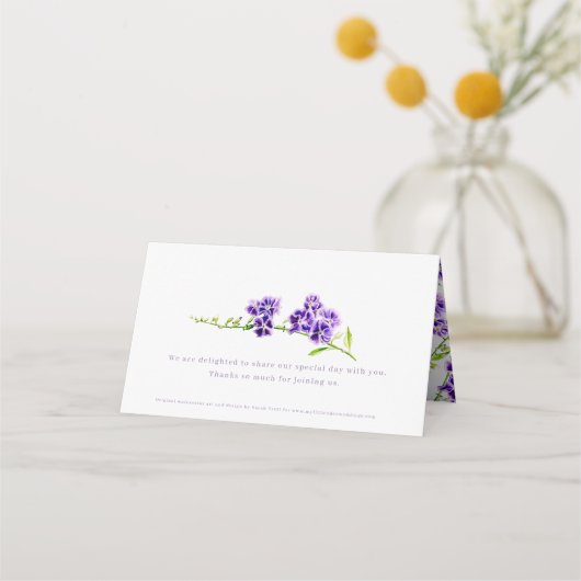 紫色のドゥランタ空の花の水の色のアート結婚 プレイスカード (裏面)