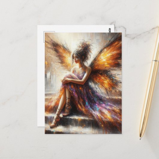 紫色のドレスを着た妖精が階段に座って ポストカード (正面/裏面インサイチュ)