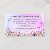 紫色のネイビーピンクの花ペットシッターのウォーカー犬 名刺 (裏面)