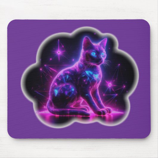 紫色のネオンシャム猫と青い目とスターバースト マウスパッド (正面)