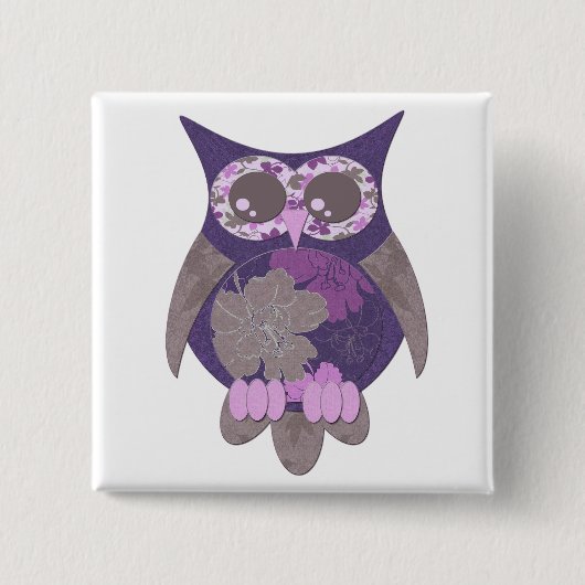 紫色のハイビスカスのフクロウボタン 缶バッジ (正面)
