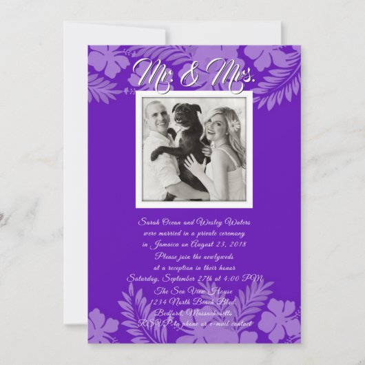 紫色のハイビスカス葉の写真披露宴のみ 招待状 (正面)