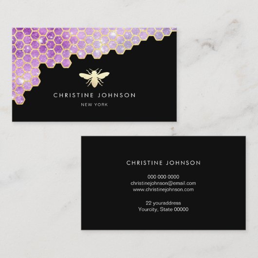 紫色のハニカムおよびフェイクグリッタービーのロゴ 名刺 (正面/裏面)