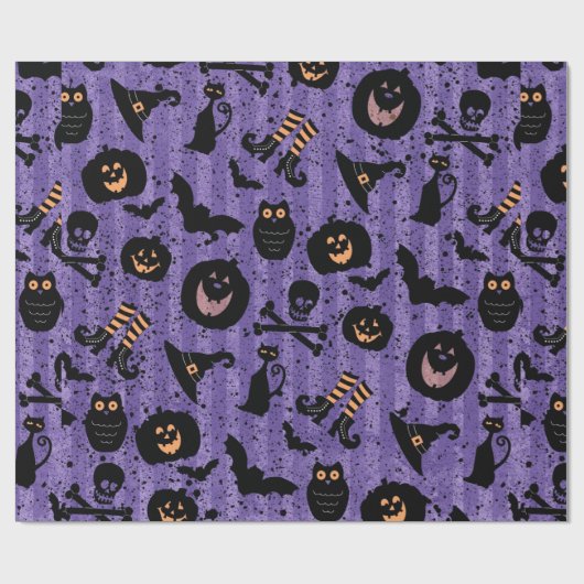 紫色のハロウィンのこうもりのカボチャ魔法使いの帽子のフクロウの紙 ラッピングペーパー (フラット)