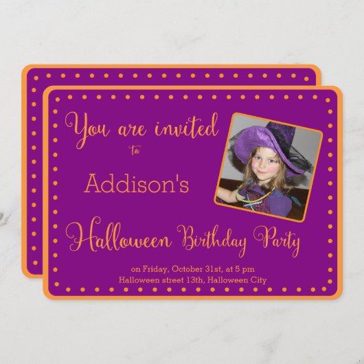 紫色のハロウィーンのバースデーパーティ招待状写真 招待状 (正面/裏面)