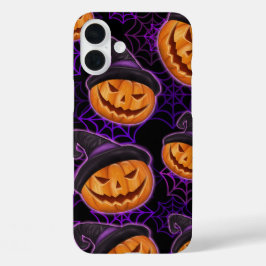 紫色のハロウィーンスパイダーウェブとオレンジ色のカボチャ iPhone 16 PLUSケース