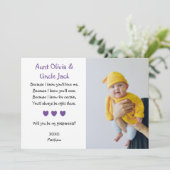 紫色のハートがあなたに神父母になってほしいとお願いするカード（写真付き） 招待状 (スタンド正面)