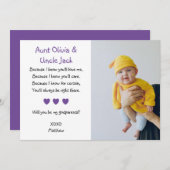 紫色のハートがあなたに神父母になってほしいとお願いするカード（写真付き） 招待状 (正面/裏面)