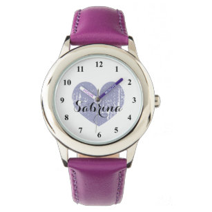 紫色のハートと女の子の名前のかわいいキッズウォッチ 腕時計